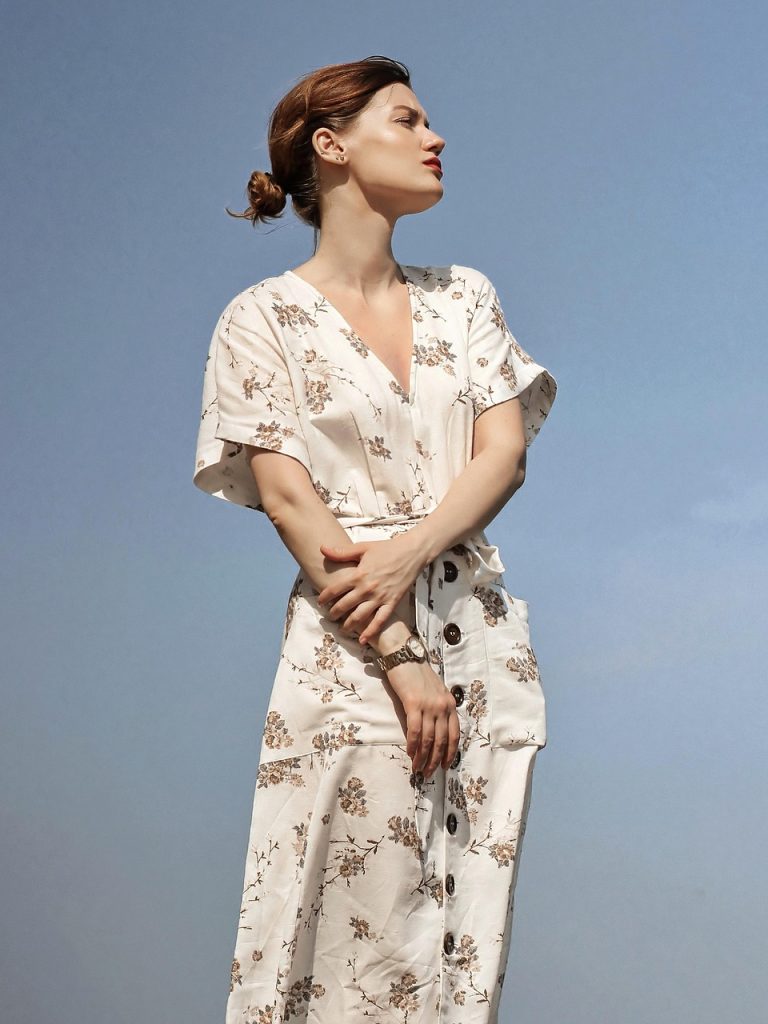 woman, portrait, model, dress, fashion, style, stylish, outfit, stylish woman, female model, fashion model, young, floral dress, female portait, nature, sky, look away